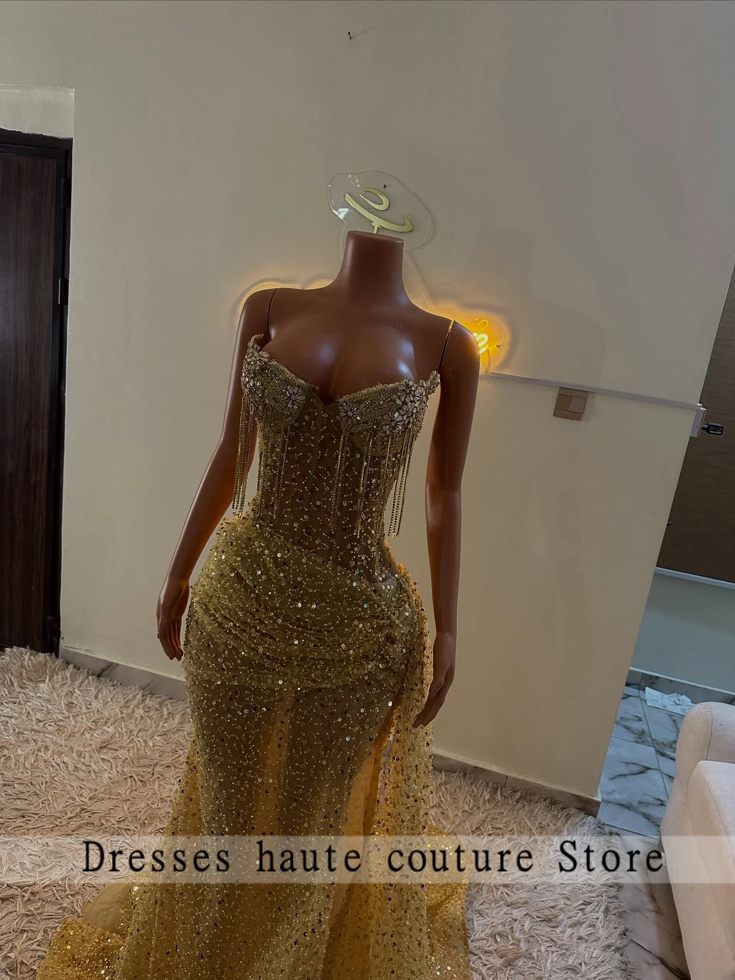 New Shiny Gold Sequins Mermaid Prom Dress For African Black Girls 2026 Tassel Formal Party Gowns Evening Dresses Customized