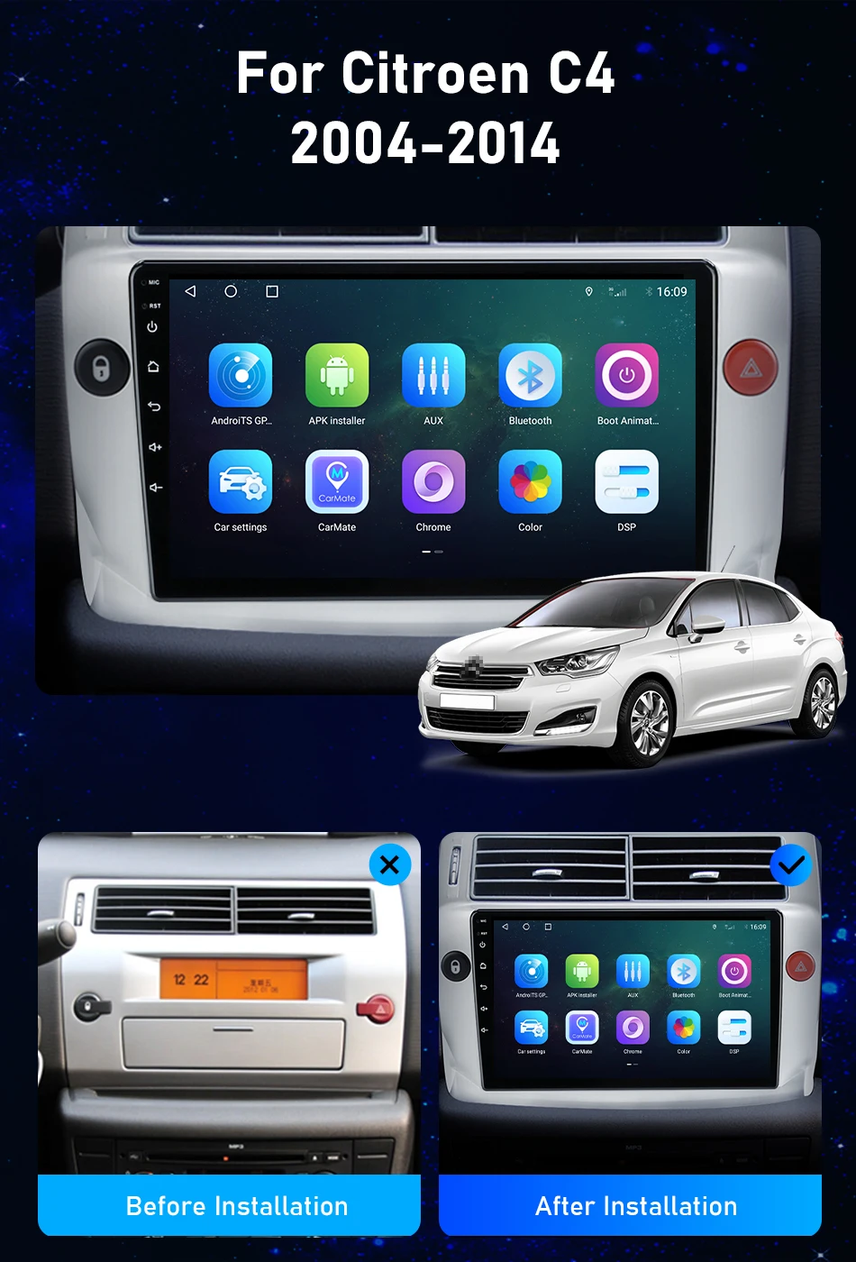 JMCQ 2Din Android Car Radio For Citroen C4 C-Triomphe C-Quatre 2004 2005 2006 2007 2008 2009 Carplay Multimedia Stereo Head Unit