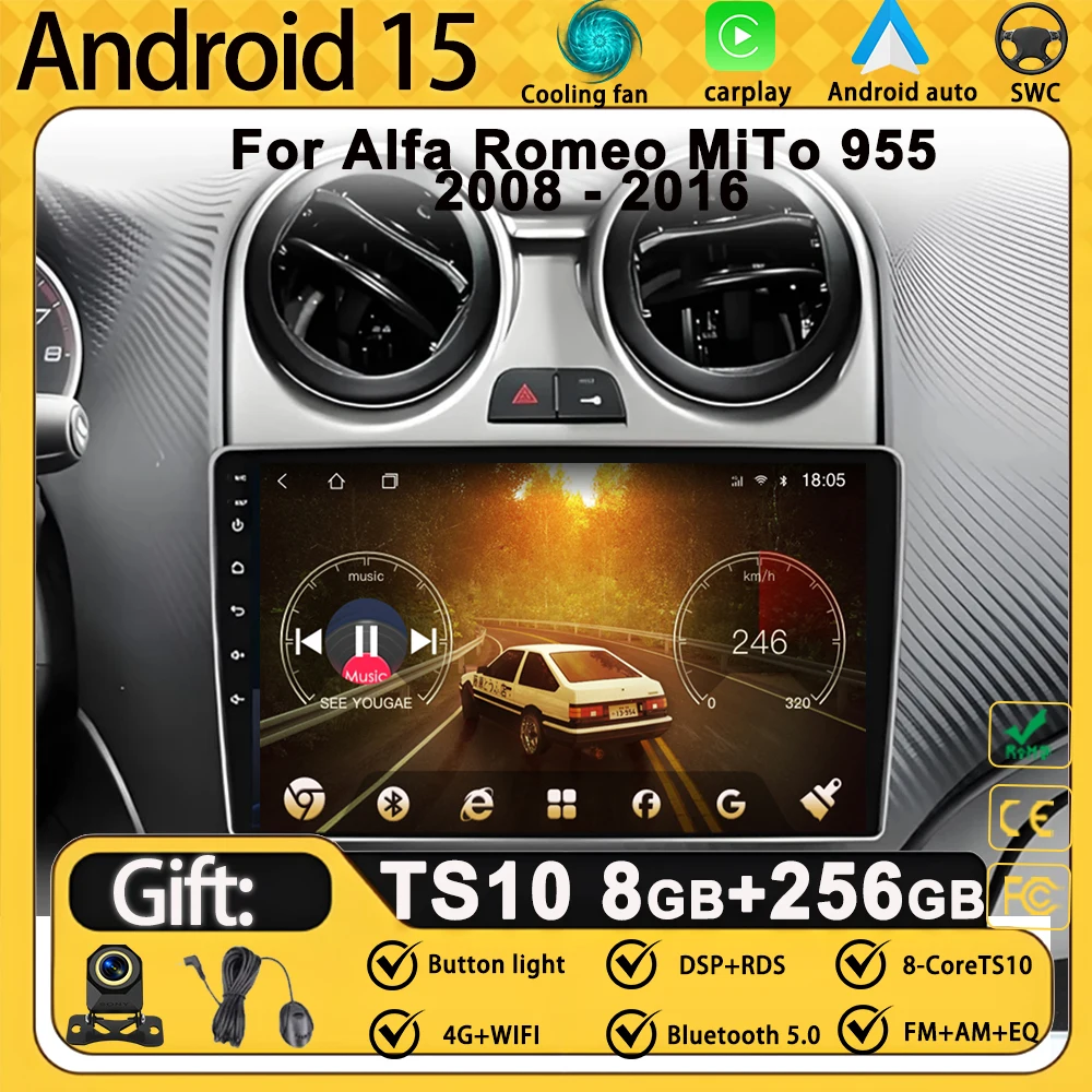 سيارة أندرويد ل ألفا روميو MiTo 955 2008 - 2016 سيارة مشغل وسائط متعددة لتحديد المواقع والملاحة 8 كور رقم 2din DVD كاميرا خلفية 5G واي فاي