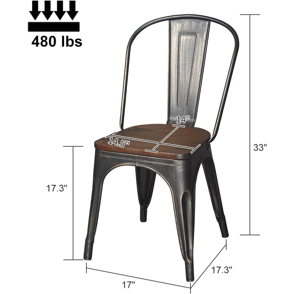 كراسي طعام معدنية، كراسي مطبخ مكدسة للمزرعة، مجموعة من 4 قطع من الذهب الأسود مع مقعد خشبي عالي الظهر لمطعم غرفة الطعام