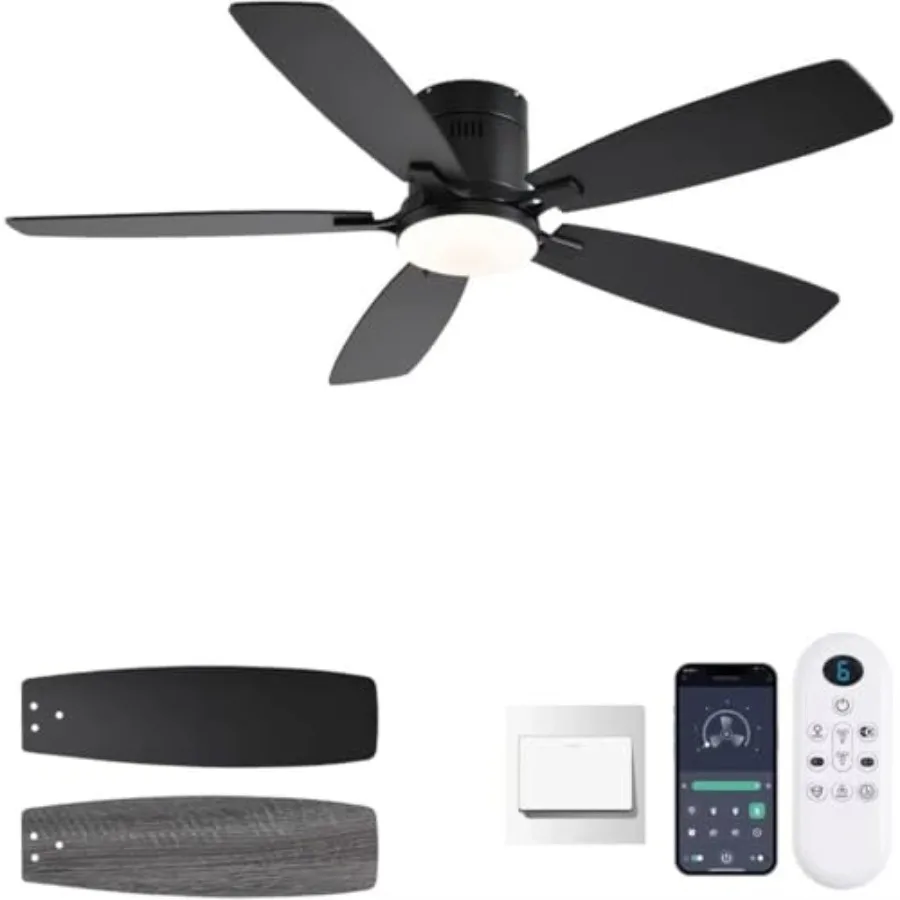 

Bedroom ceiling fan: 52-inch low-profile flush mount with dimmable light, reversible DC motor, noiseless operation, black finis