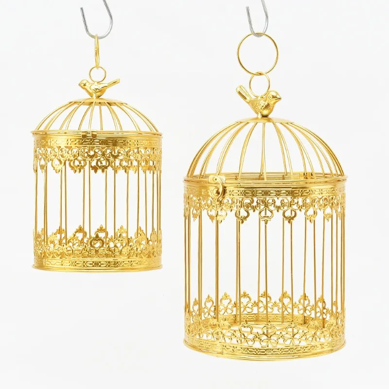 

European retro decoration reusable wedding center hanging golden birdcage candle lamp