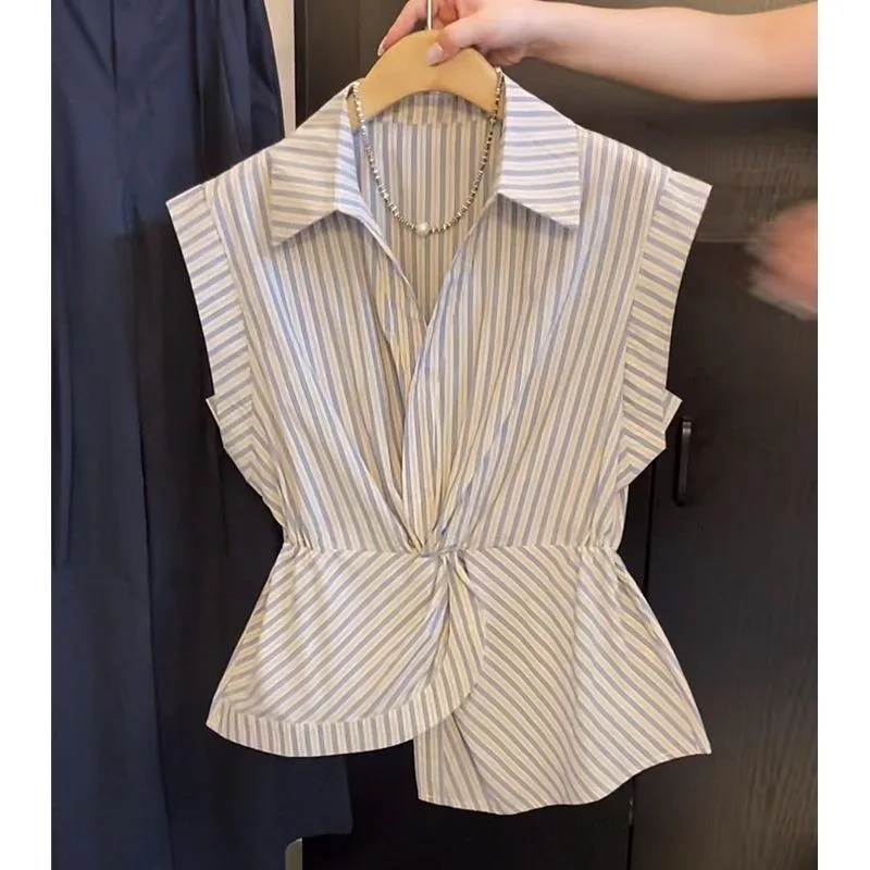 

Summer 2026 Women's Neck Sleeveless Shirt Waist Cinched Stripe Patchwork Commute Style Loose Fit Polyester Casual Top