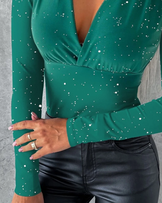 Camicette sexy Abbigliamento femminile T-shirt Pullover Top Glitter Plunge Increspato Top a maniche lunghe 2023 Autunno Primavera Nuova moda Casual