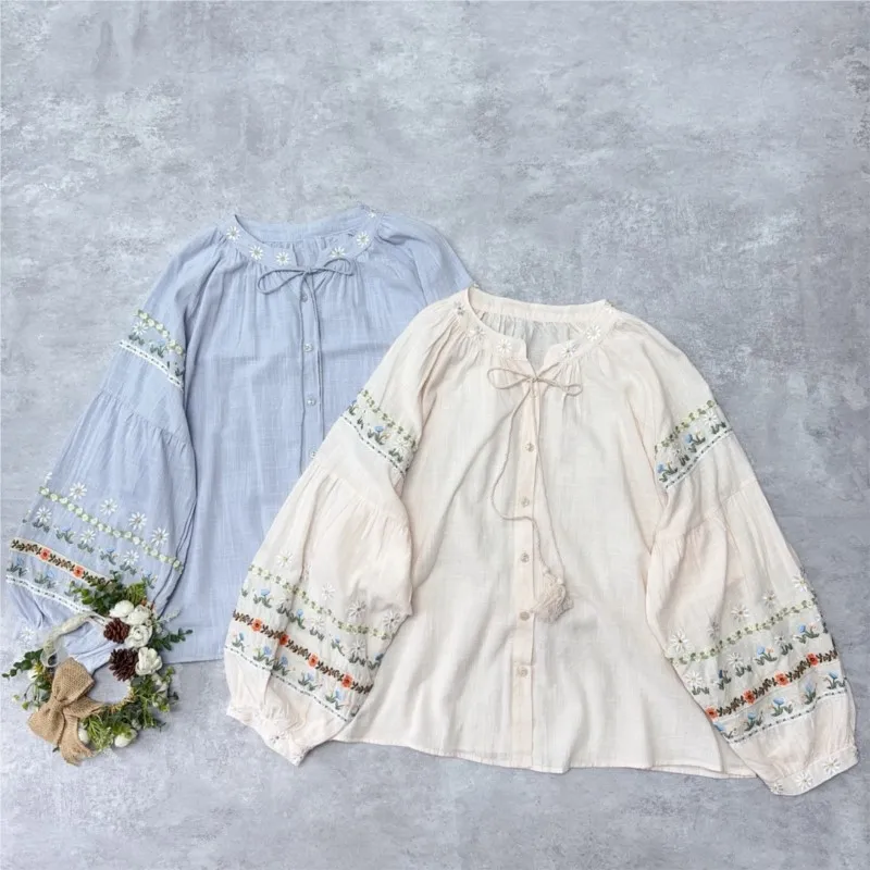 

Johnature Embroidered Floral Cotton-linen Long-sleeve Top New Spring Autumn Vintage Loose Lantern Sleeve Lightweight Women Top
