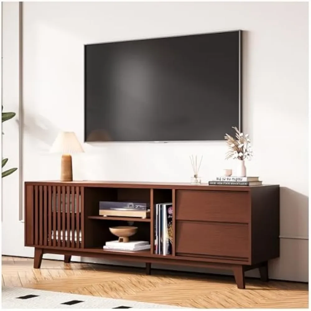 

Mid Century Modern TV Stand for 60/65/75 inch tv, Farmhouse Slatted Door TV and Media Console Table with Drawer and Shelf