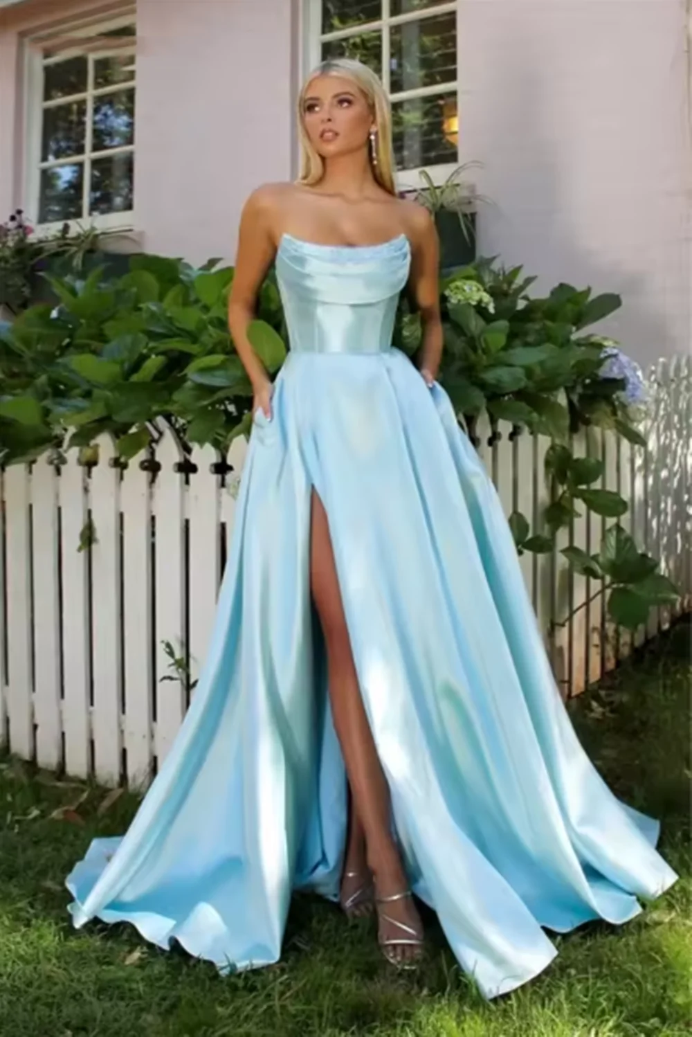 ชุดราตรีผ้าซาตินสั่งตัดพิเศษ ชุดราตรีค็อกเทลผู้หญิง ชุดราตรีทรงเอ ชุดเดรสผู้หญิงมีกระเป๋าสำหรับงานพิธีการ