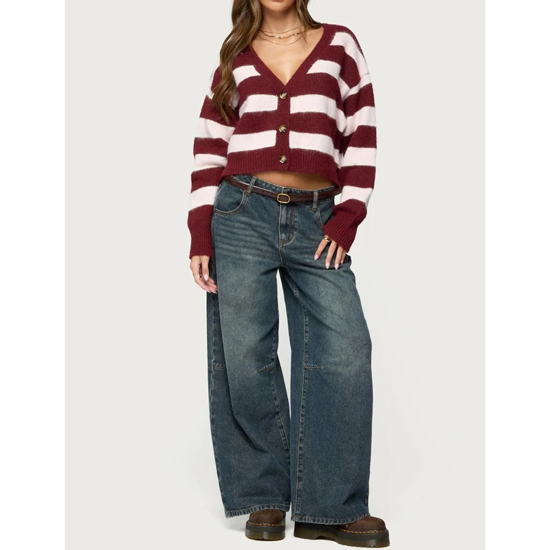 

Combhasaki Women Button-up Deep V-Neck Knit Sweater Coats Long Sleeve Loose Y2k Striped Contrast Color Cropped Knitwear Cardigan