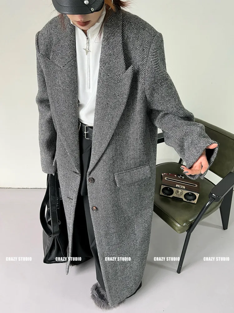 BJTZ 2025 خريف شتاء جديد الراقية نمط هيبورن البريطاني سميكة طويلة معطف الصوف متعرجة للنساء