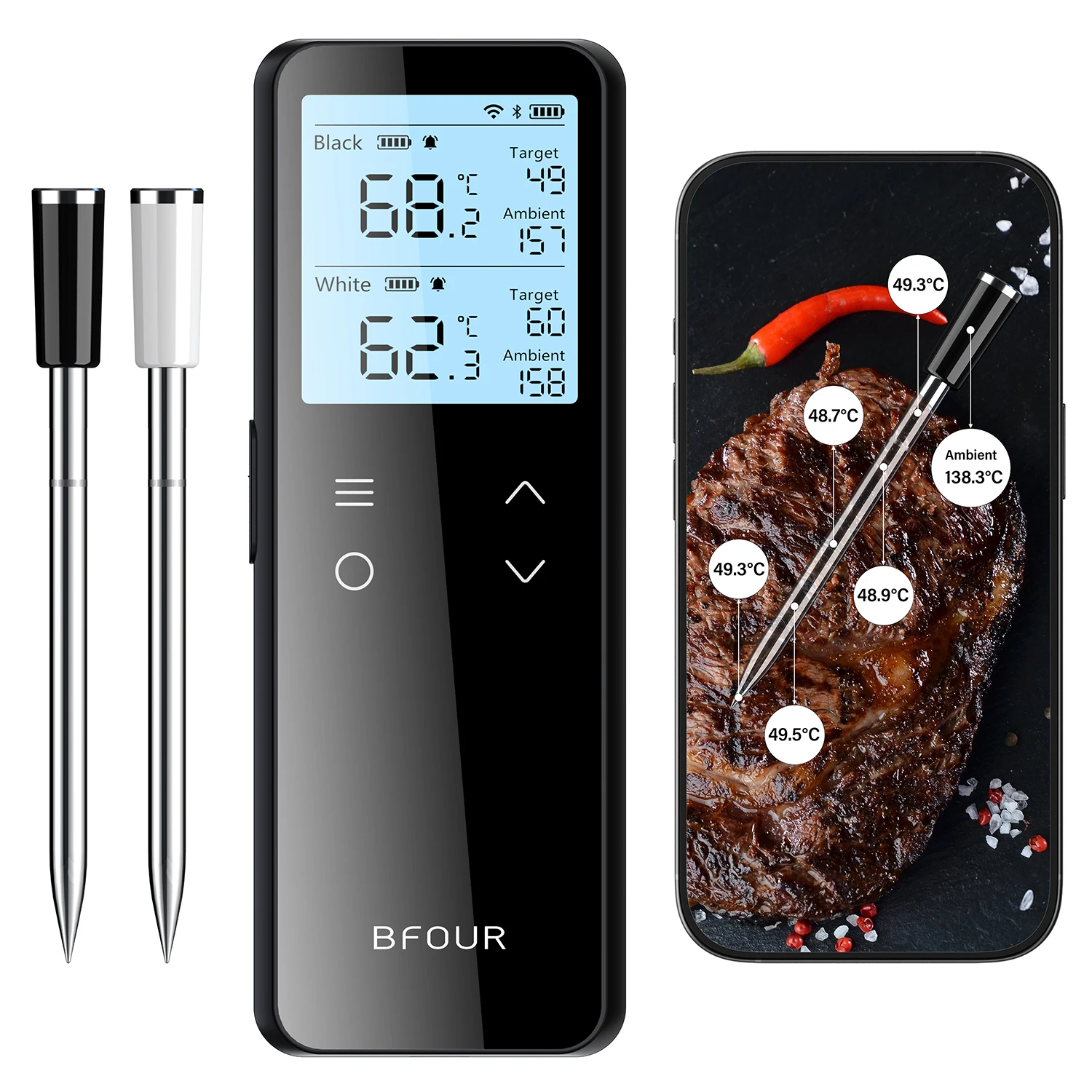 Thermomètre à viande à portée illimitée WiFi, sonde Bluetooth sans fil, Support Rechargeable, rappel d'alarme pour application pour barbecue, four, friteuse à air