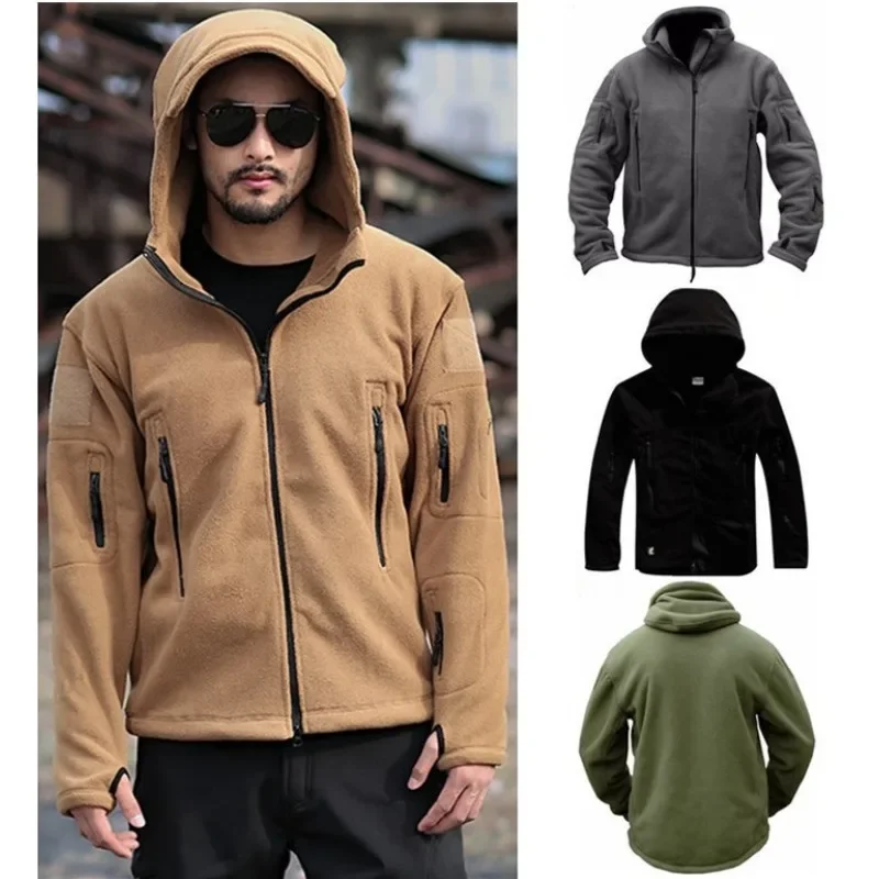 Men's Outdoor Thermal Liner Fleece Jacket, Men's Cold-proof Jacket, Trench Hat Jacket, Solid Color Hooded Jacket