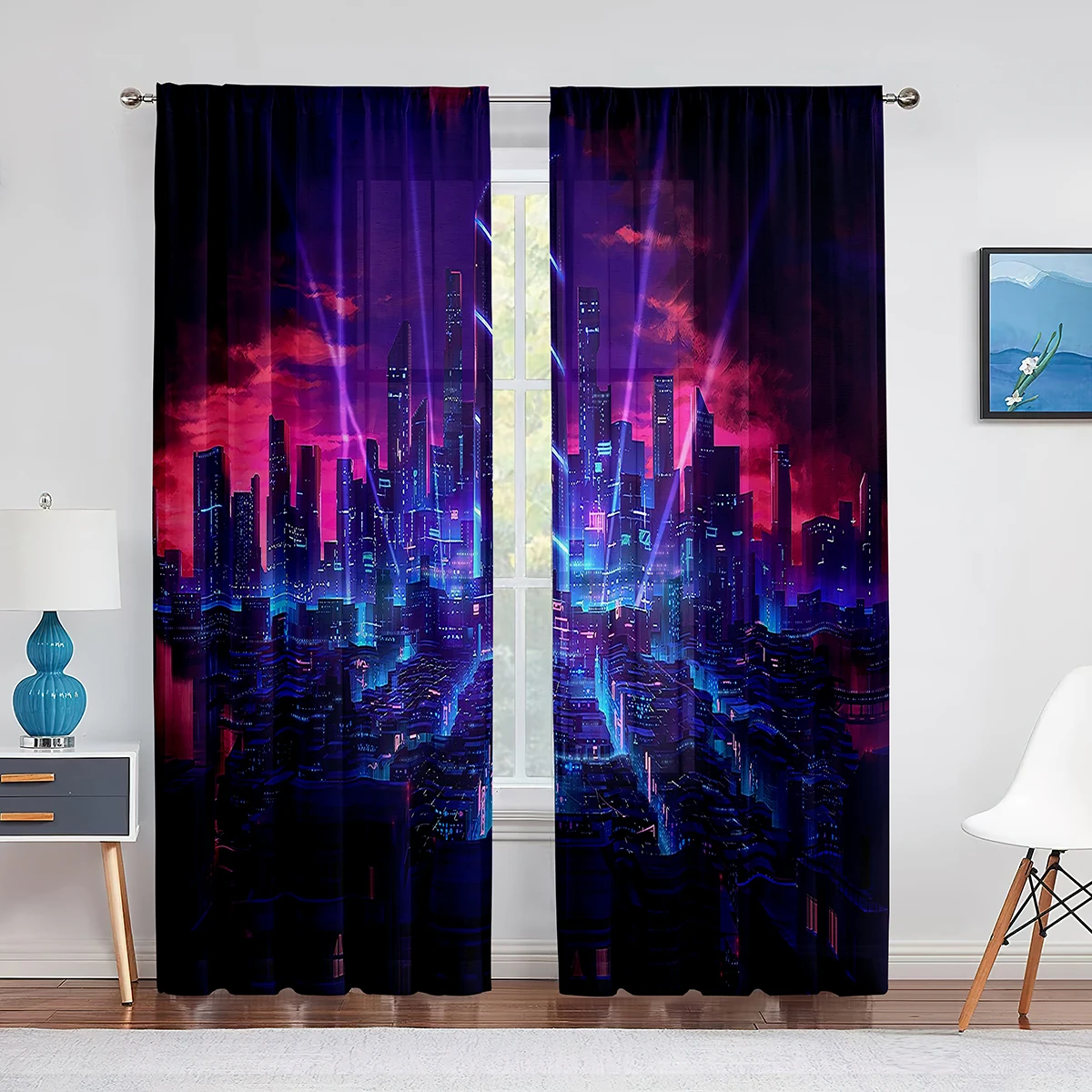 Night City Landscape Purple Neon Sheer Curtain for Living Room Bedroom Voile Drape Kitchen Window Tulle Curtains Home Essentials