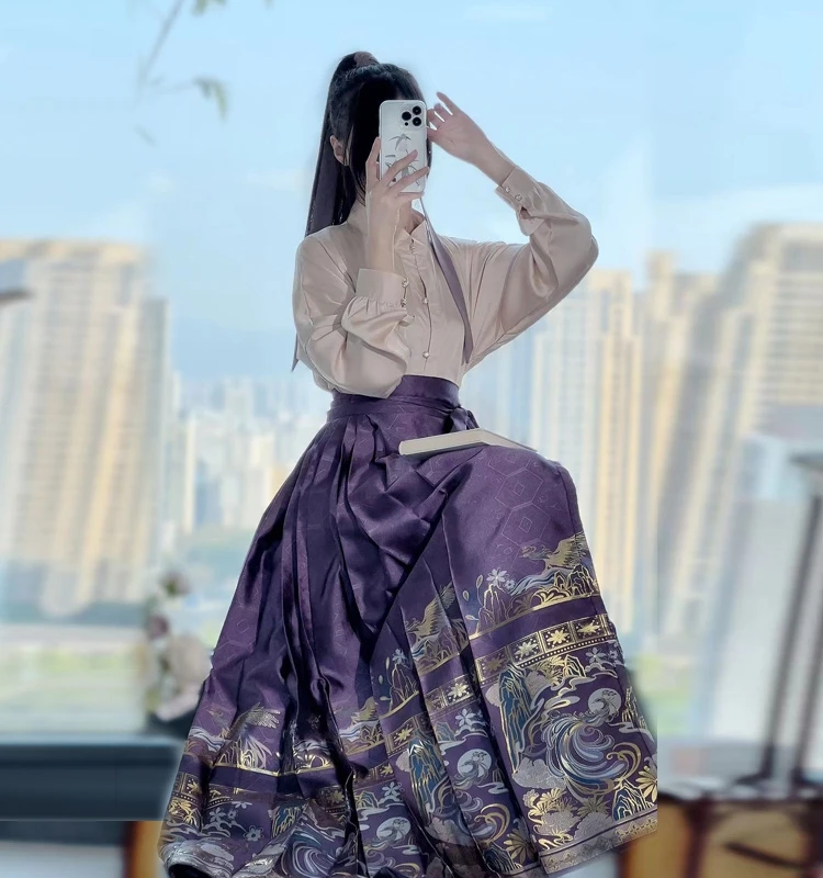 

Original Ming Dynas Hanfu Women's Purple High-Status Daily Traditional Costume National Sle Gold Weaving f Skirt