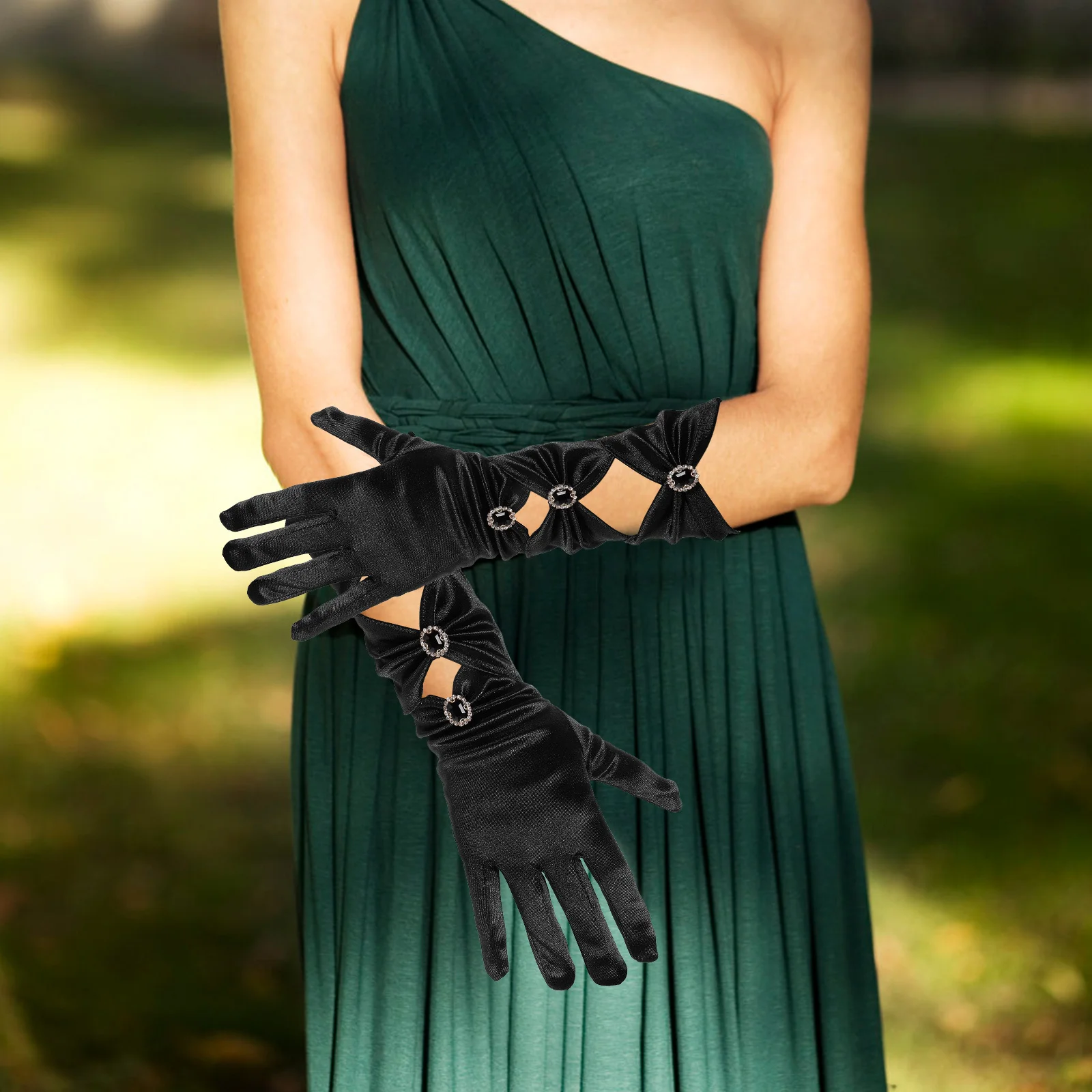 

1Pair Satin Gloves Rhinestone Bow Women Elegant Wedding Party Banquet Tea Dance Dress Accessories Satin Gloves