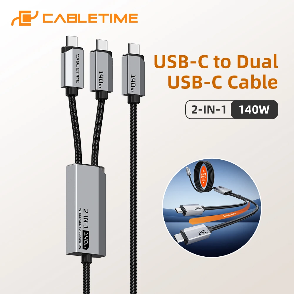

Кабель CABLETIME 2-в-1 USB-C на два USB-C с LED-индикатором, быстрая зарядка 140 Вт, высокоскоростная передача данных 480 Мбит/с для ноутбуков и iPhone 17