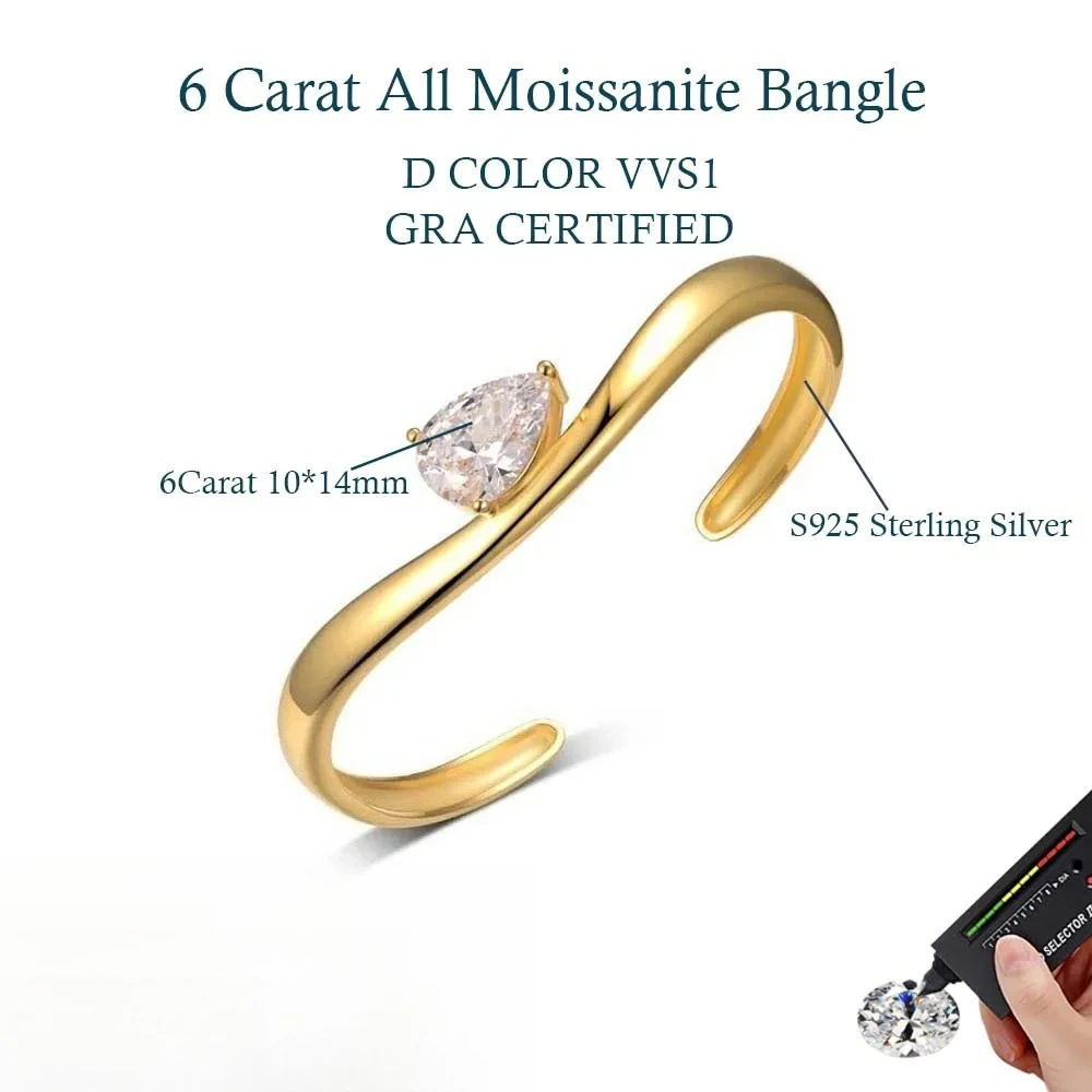 Muxfc pulseira de moissanite com corte de pêra, 6 quilates, para mulheres, gota de água, punho aberto, prata esterlina 925, joias de pulso, presente gra