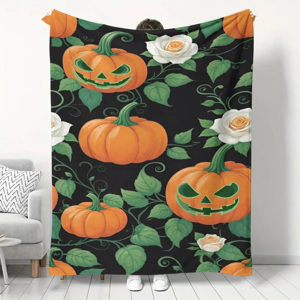 1pc Halloween-Themed Fleece Blanket - Warm Pumpkin Rose Printed Throw Blanket - Suitable for Living Room, Bedroom, Sofa, Leisure Use - Decorative Blanket for Festive Atmosphere - Soft And Comfortable