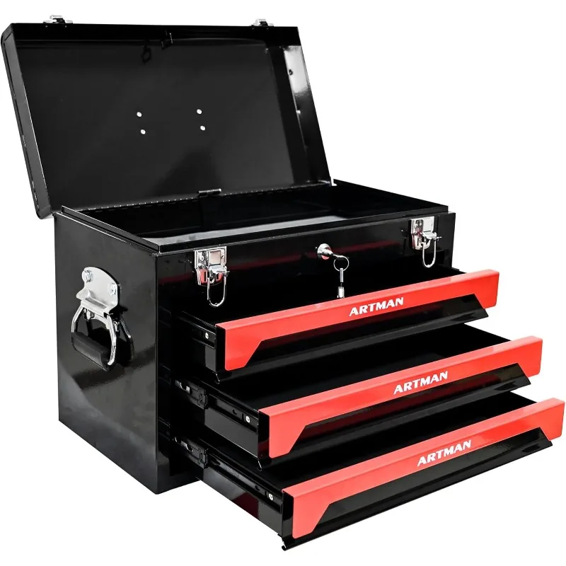 

20" Portable 3 Drawer Steel Toolbox with Metal Latches, with Top Storage Tray and Carrying Handle, Multi-Function Tool Storage