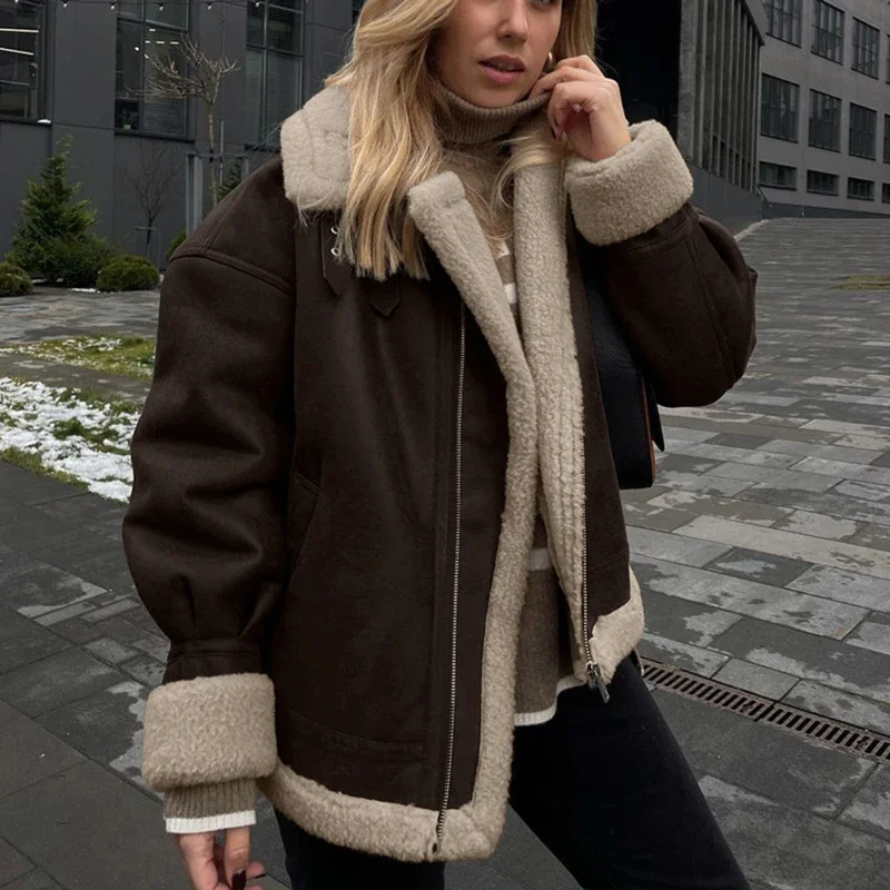 

2025 Winter New Suede Jacket For Women Female Casual Contrast Streetwear Overcoat Loose Short Lamb Fern Warm Retro Coat