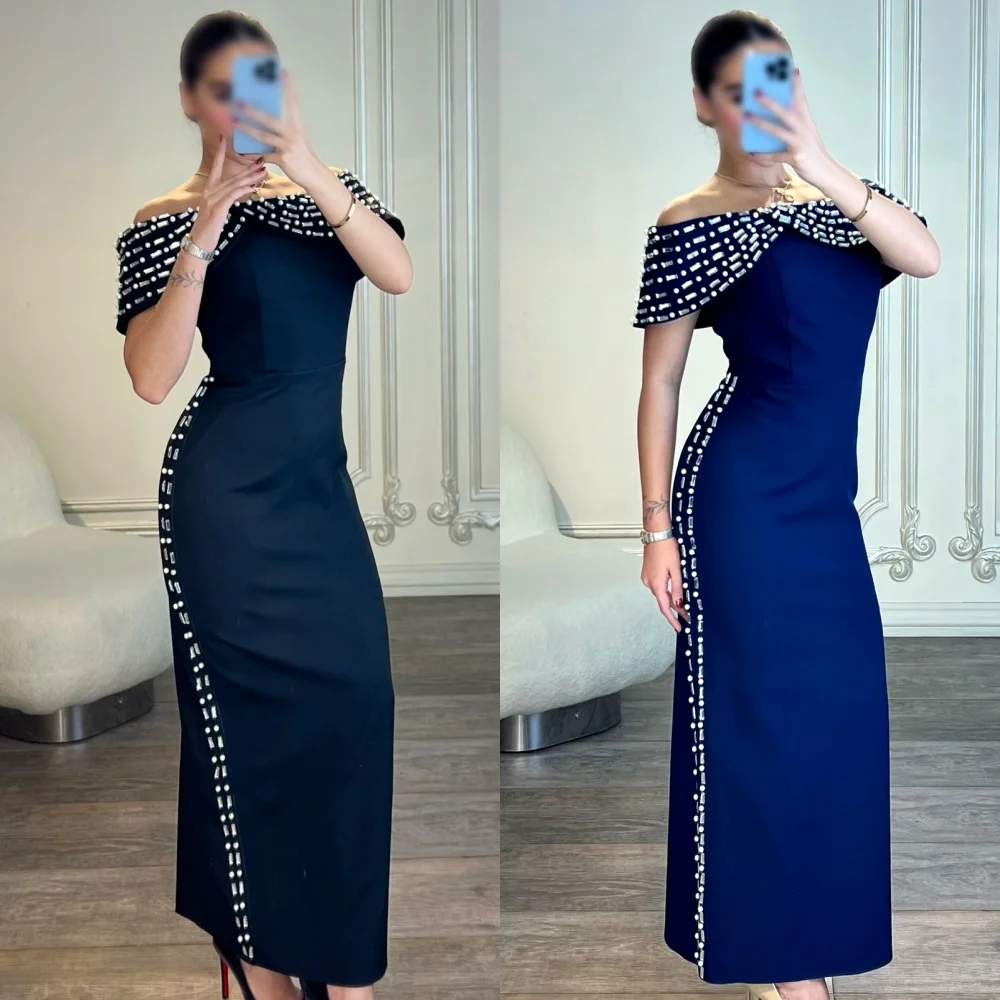 

Customized High Quality Classic Jersey Rhinestone Pleat Straight Off-the-shoulder Ankle Length Dresses Bespoke Occasion Dresses