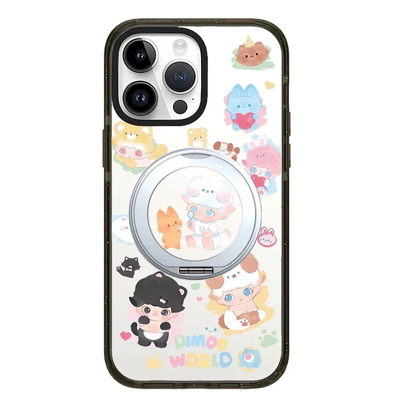 귀여운 만화 구름 소년 회전 스탠드, 블랙 테두리 휴대폰 케이스 커버, 아이폰 14, 15, 16 프로 맥스 케이스
