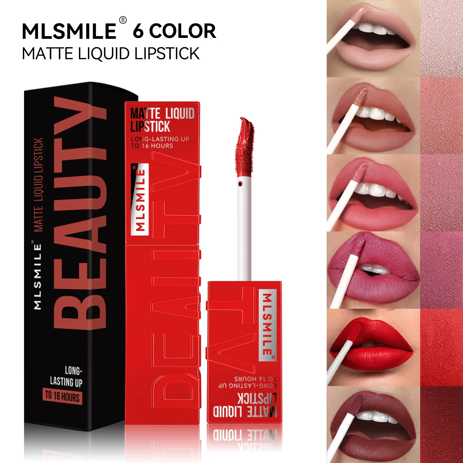 Mlsmile ลิปสติกเนื้อแมท6สีกันติดทนนานลิปสติกเนื้อแมทกันน้ำสีติดทนนานลิปสติกเนื้อแมท