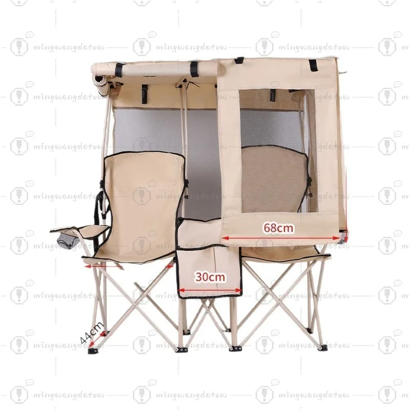 Outdoor Camping Double Folding Chair with Integrated Sunshade & Rain Canopy, Fishing Beach Chair, Director Chair
