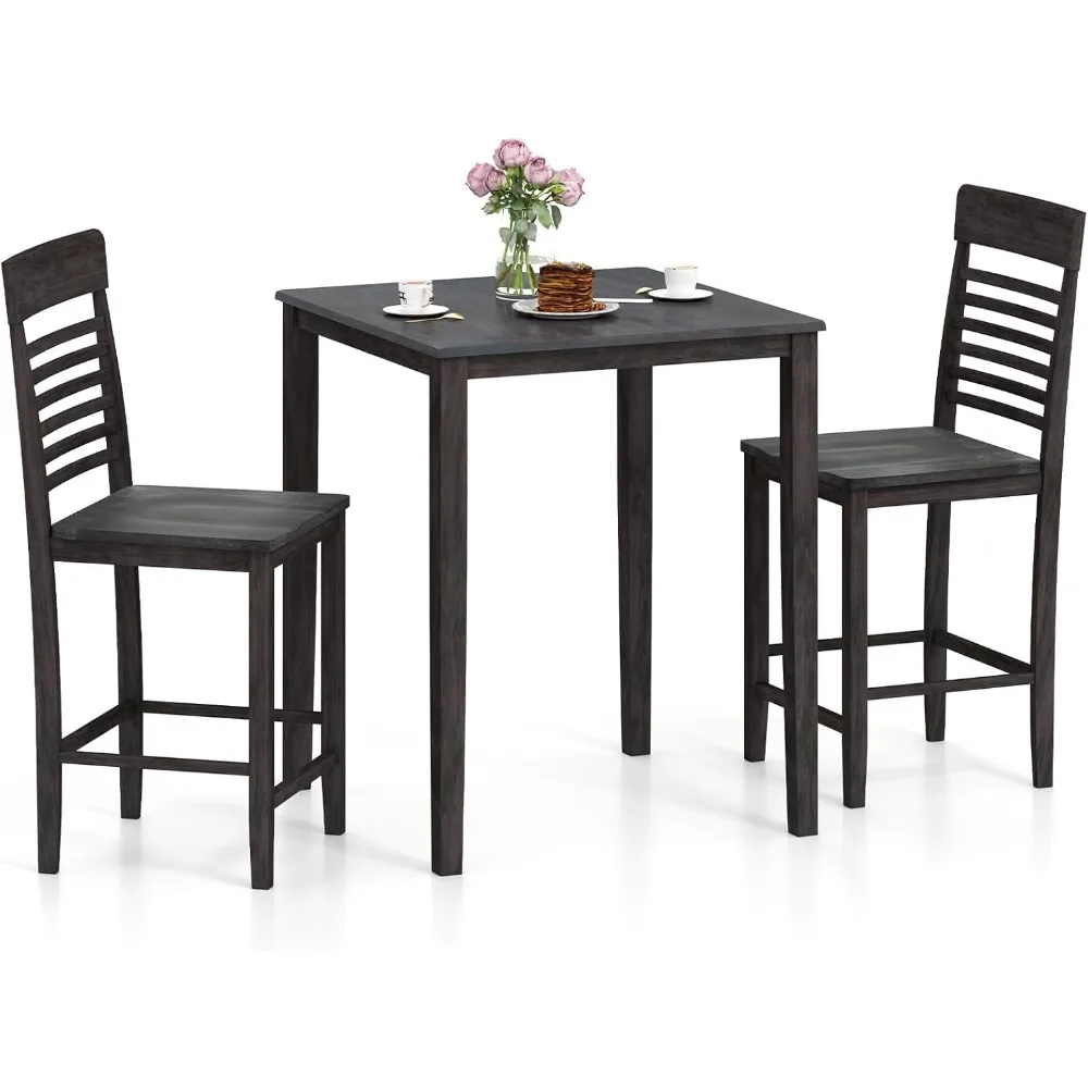 Juego de mesa de comedor de 3 piezas para 2, juego de mesa y sillas de cocina cuadradas de altura de mostrador con estructura de madera de caucho, respaldo curvo, pies