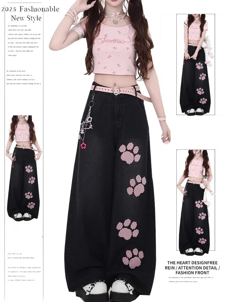 

Cute Embroidery Bla Denim Pants Women's Summer Loose Wide Leg Jeans Casual High Waist Long Trousers Stand Fit Adult