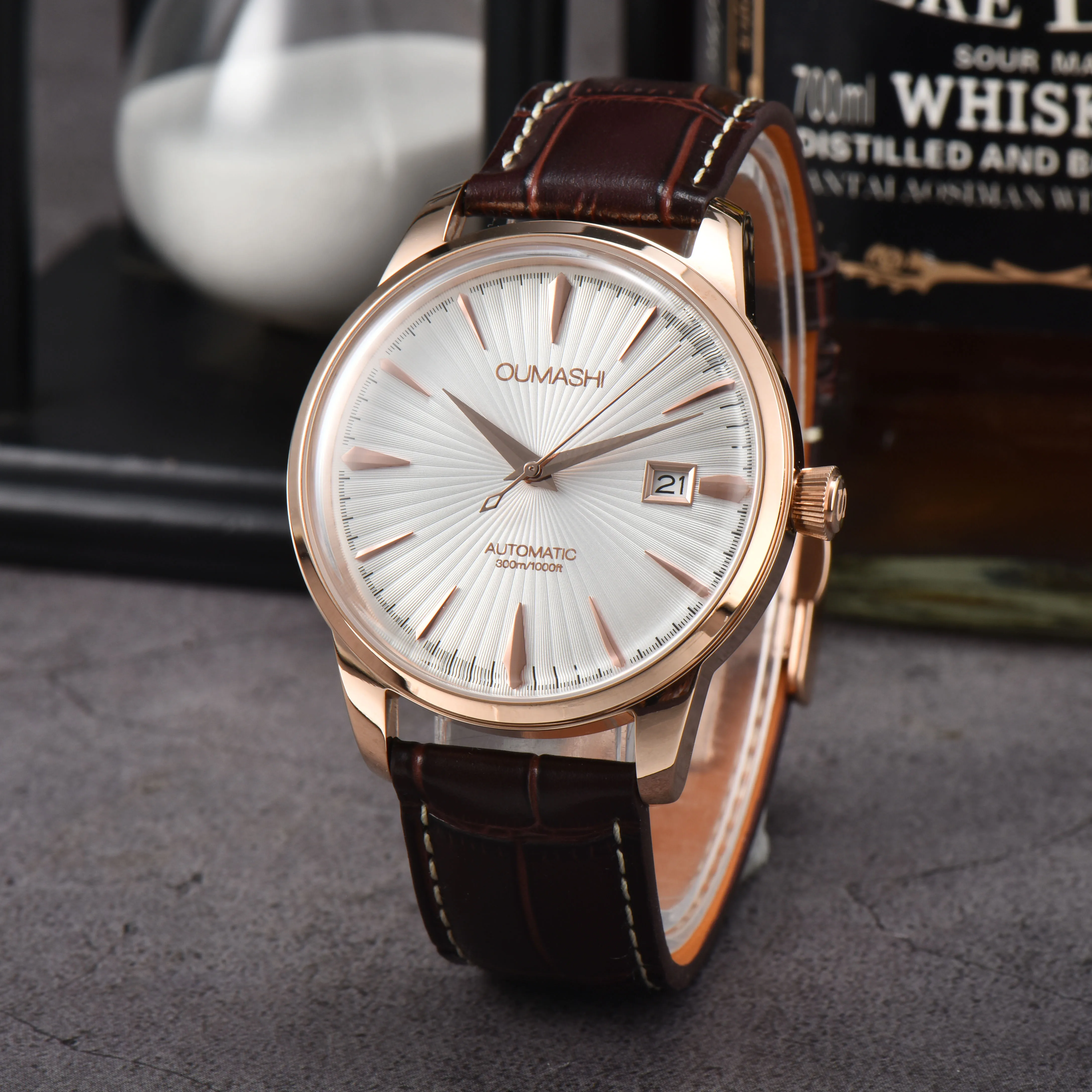 NH35 watch high-end luxury cocktail style rose gold stainless steel case sapphire glass leather strap OUMASHI men\'s watch