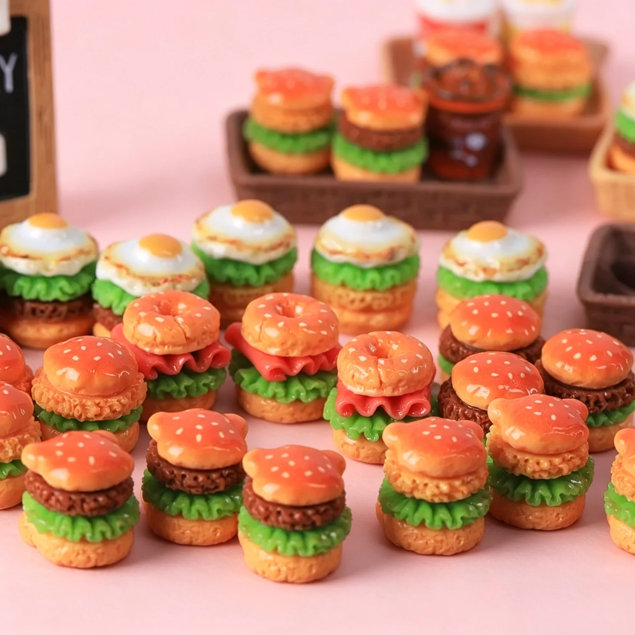 10Pcs Realistic Mini Burger Resin Charms - Simulation Miniature Hamburger Model for Dollhouse Kitchen & DIY Crafts