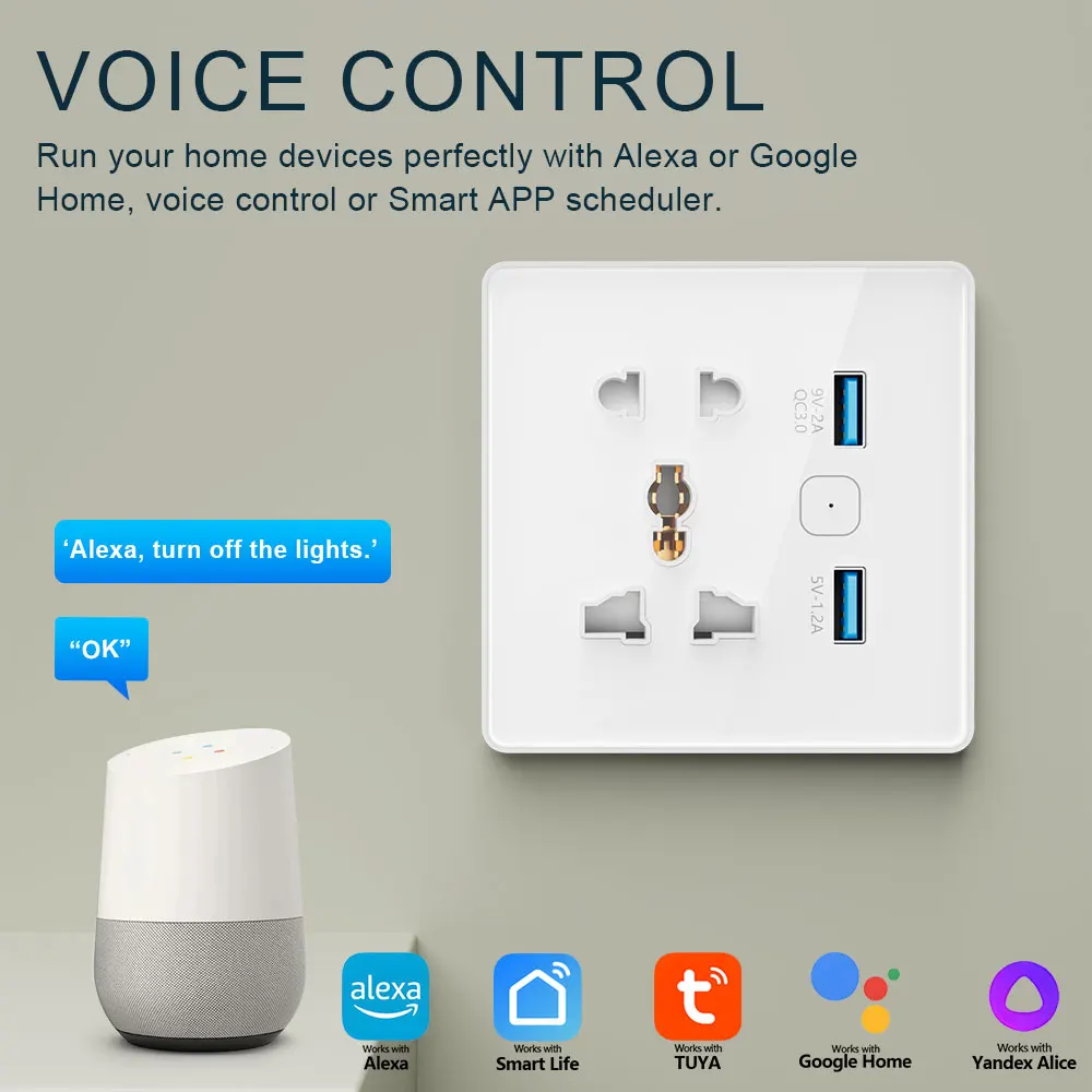 

Умная розетка Tuya Wi-Fi, 5 отверстий + 2 USB-порта, голосовое управление работает с Alexa Google Home, таймер, мониторинг мощности, белый/черный ЕС