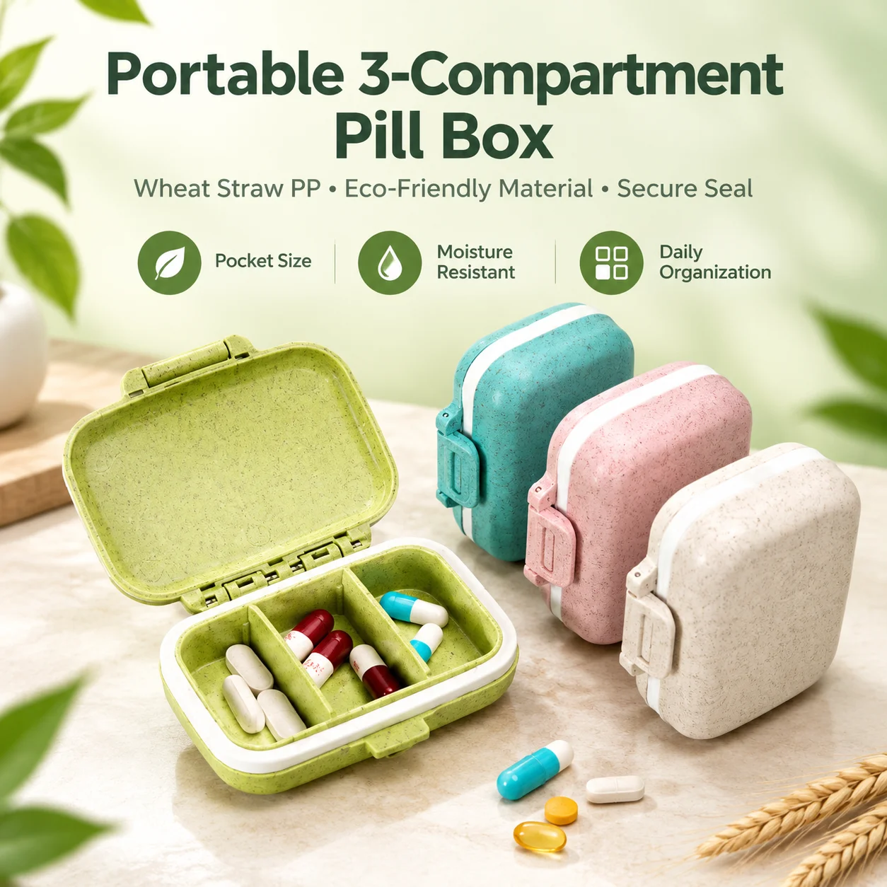 Wheat Straw Mini Pill Organizer 3 Compartment Portable Medicine Box Moisture Proof Sealed Dustproof For Morning Noon Evening