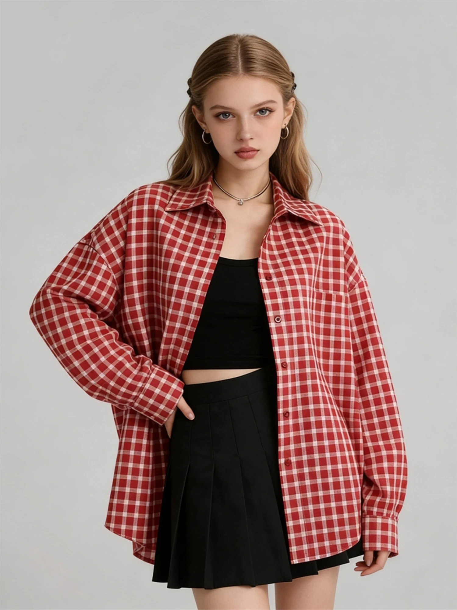 

Women Y2k Vintage Burgundy Plaid Shirt 2000s Aesthetic Blouses and Shirts Oversize Long Sleeve Polo Shirt For Women Red Clothes