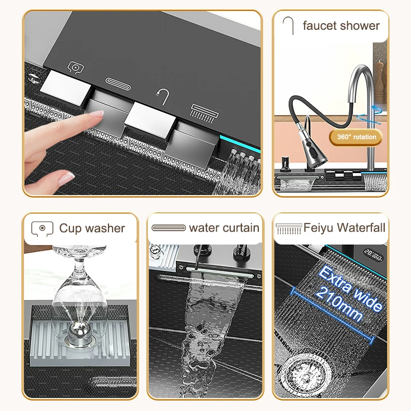 Imagem -04 - Pia de Cozinha de Cachoeira em Slot Único Grande Conjunto de Torneira de Exibição Digital Lavatório Multifuncional Aço Inoxidável