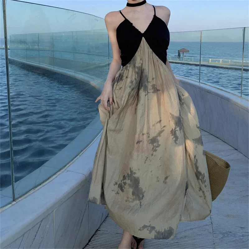 Retro Inktprint Strandjurk Dames Chinese Stijl Vakantie Patchwork Sexy V-hals Zomer Casual Jarreteljurken met Zak