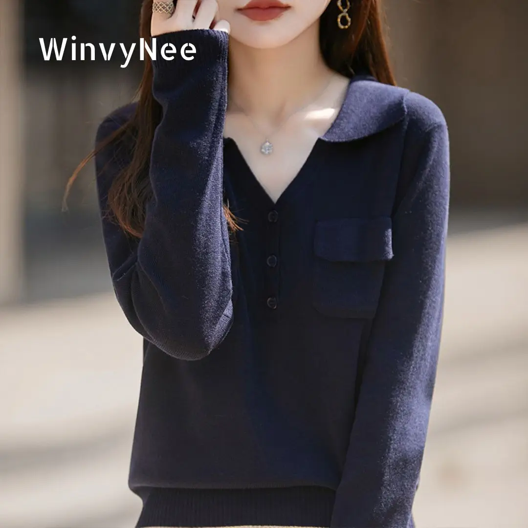 

Женский пуловер WinvyNee из тонкой шерсти с лацканами, пуговицами и карманами, с длинными рукавами, стильный дизайн, весенний, мягкий, повседневный, вязаный топ ZA1677006