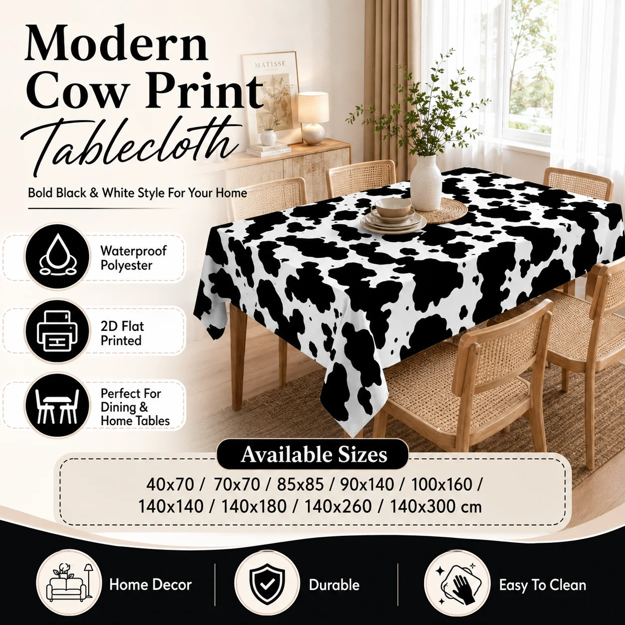 

Modern Cow Print Tablecloth Waterproof Polyester 2D Flat Printed Desk Cover For Dining Table Kitchen Office Banquet Party Decor