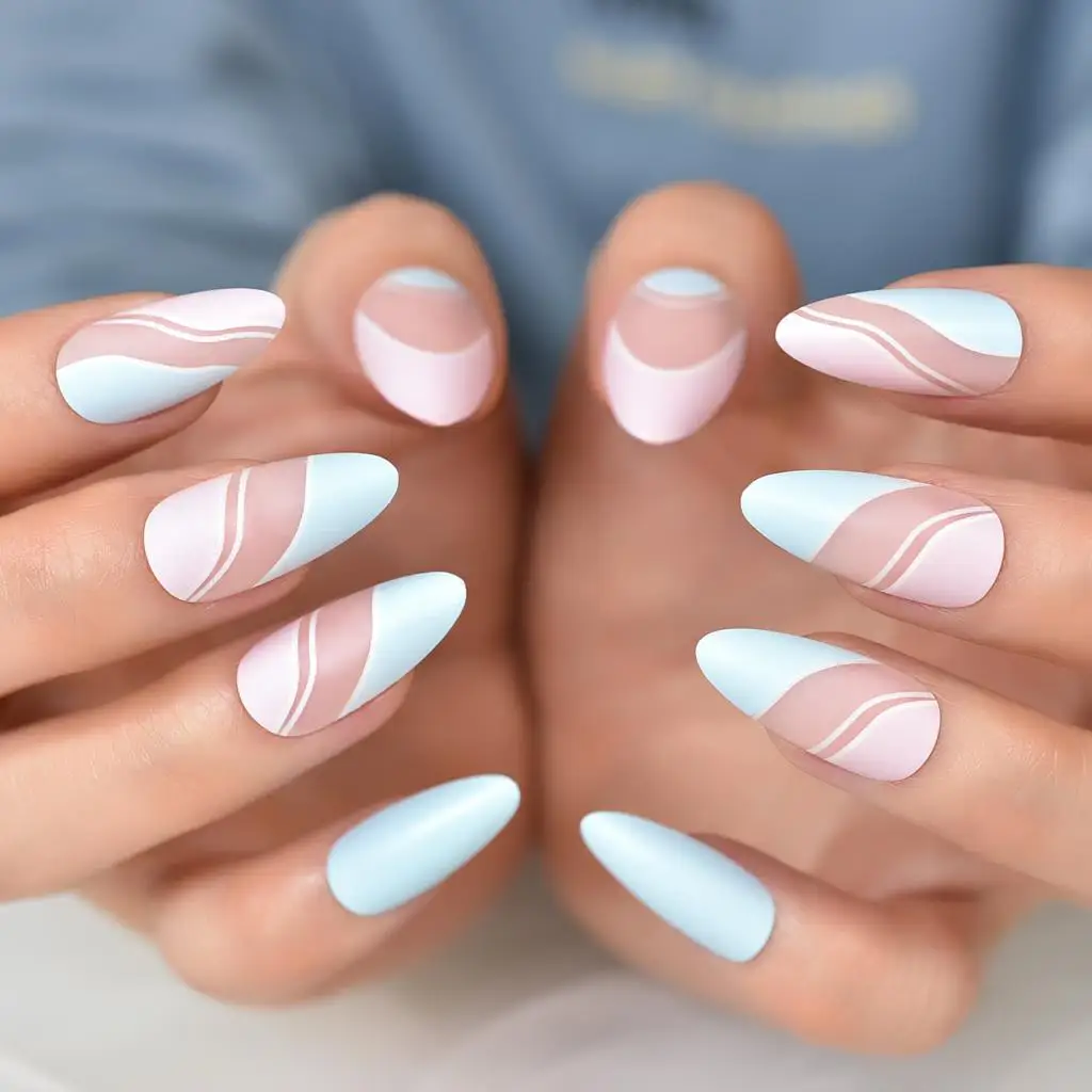 Almond Muleti Color Blue Top Fake Nails Press On Nail Tips Salons At Home Manicure Full Cover Wielokrotnego użytku Fałszywe paznokcie Classy