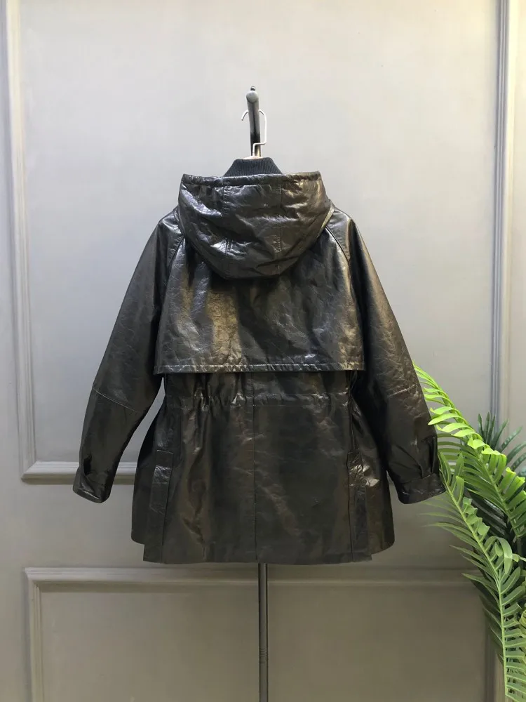 Nuevas mujeres negro con capucha cremallera piel de vaca cuero genuino cera de aceite chaqueta de plumas de ganso abrigo de mujer invierno cálido prendas de vestir exteriores de longitud media