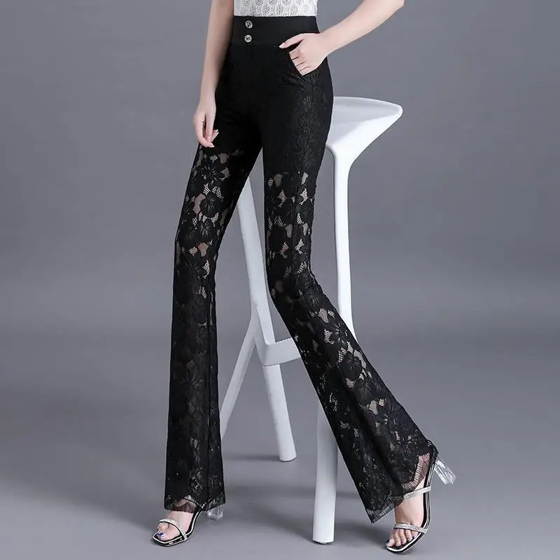 

Y2k Korean Pant Suits Lace Hollow Out Summer Thin Flare Pants High Waist Solid Women Elegant Casual Fashion Female Trousers 2023