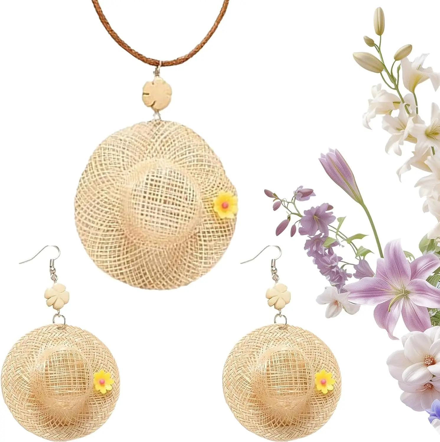 

Bohemian Straw Hat Drop Earrings and Necklace, Handmade Woven Statement Jewelry, Summer Vacation