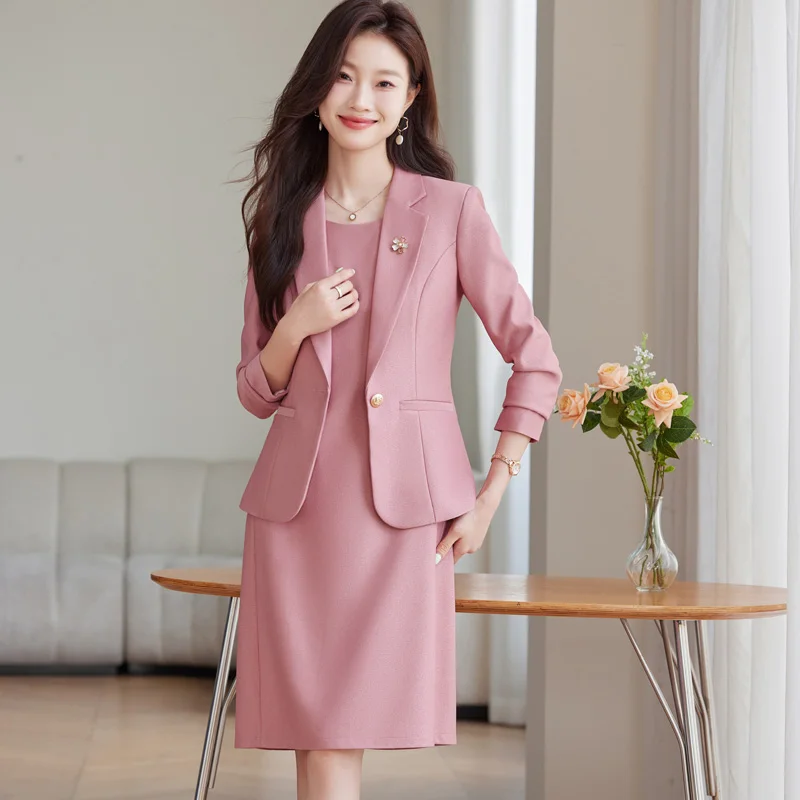 

Pink Suit Dress Set Women Office Elegant 2 Piece Suit Fall Winter Long Sleeve Blazer High Quality Career Suit Black/Blue Jacket