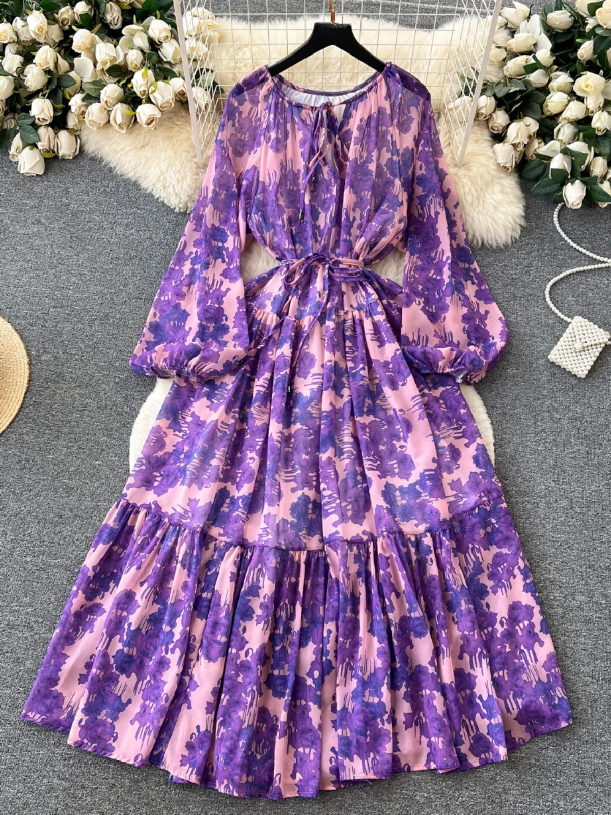 ロマンチックな花柄プリントロングドレス レディース ランタンスリーブ タイデザイン ハイウエスト Aラインスカート 韓国風サマードレス