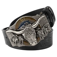 Cinturón con relieve de vaca, cuero genuino, ocio, vaquero, gran Agio