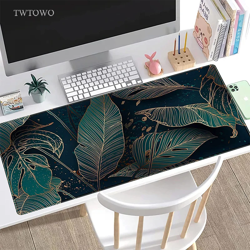 Golden Green Palm Leaves Mouse Pad Gamer XL Large HD Custom Home Mousepad XXL Playmat Carpet Non-Slip Soft Desktop Mouse Pad view 4