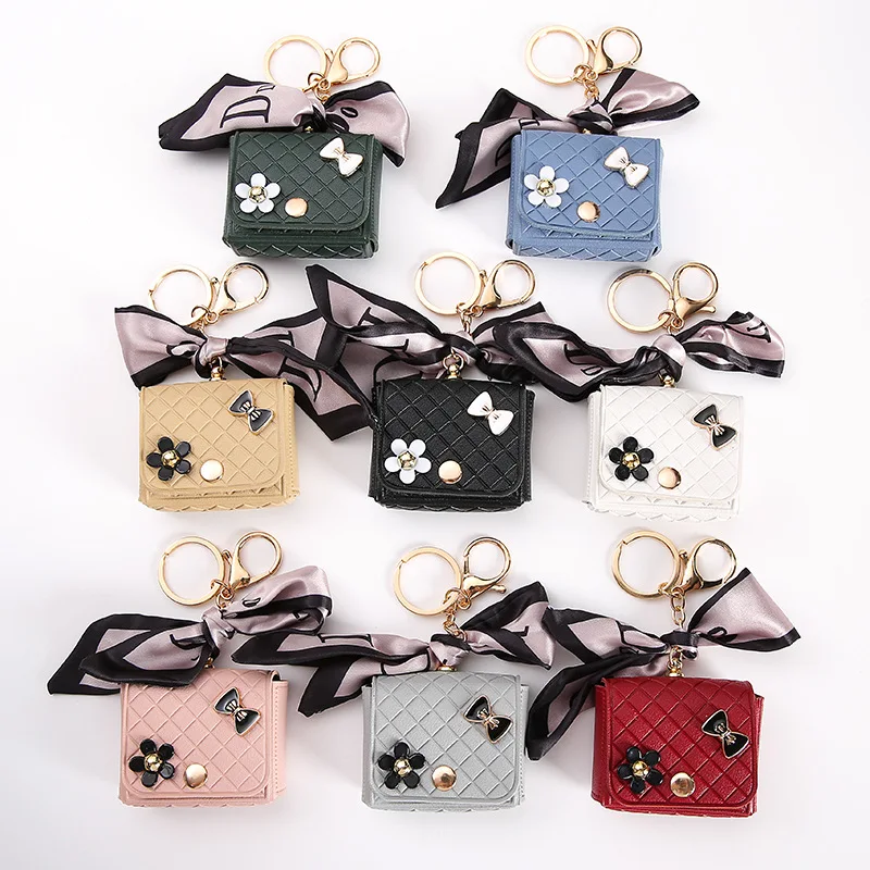 Fashion Korean Flower Bow Scarf Keychain Leather Earphone Storage Bag Mini Bag Charms for Women Cute Elegant Pendant Coin Purse