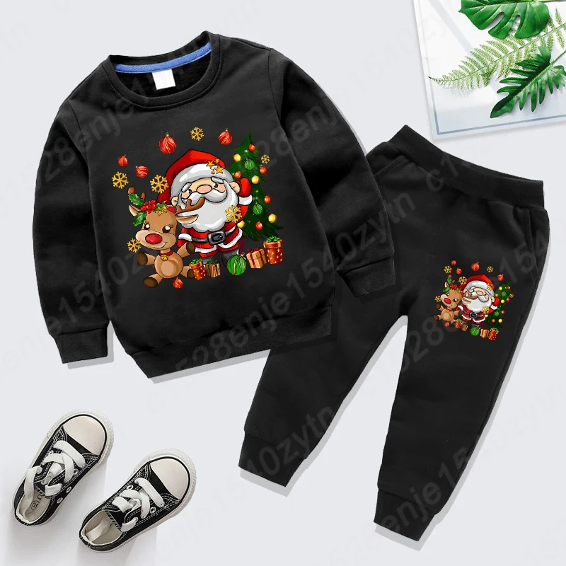 Santa Claus & Reindeer & Christmas Tree Graphic Print Sweatshirt Sets, Cute Cartoon Girls Comfy Clothes For Christmas As Gifts