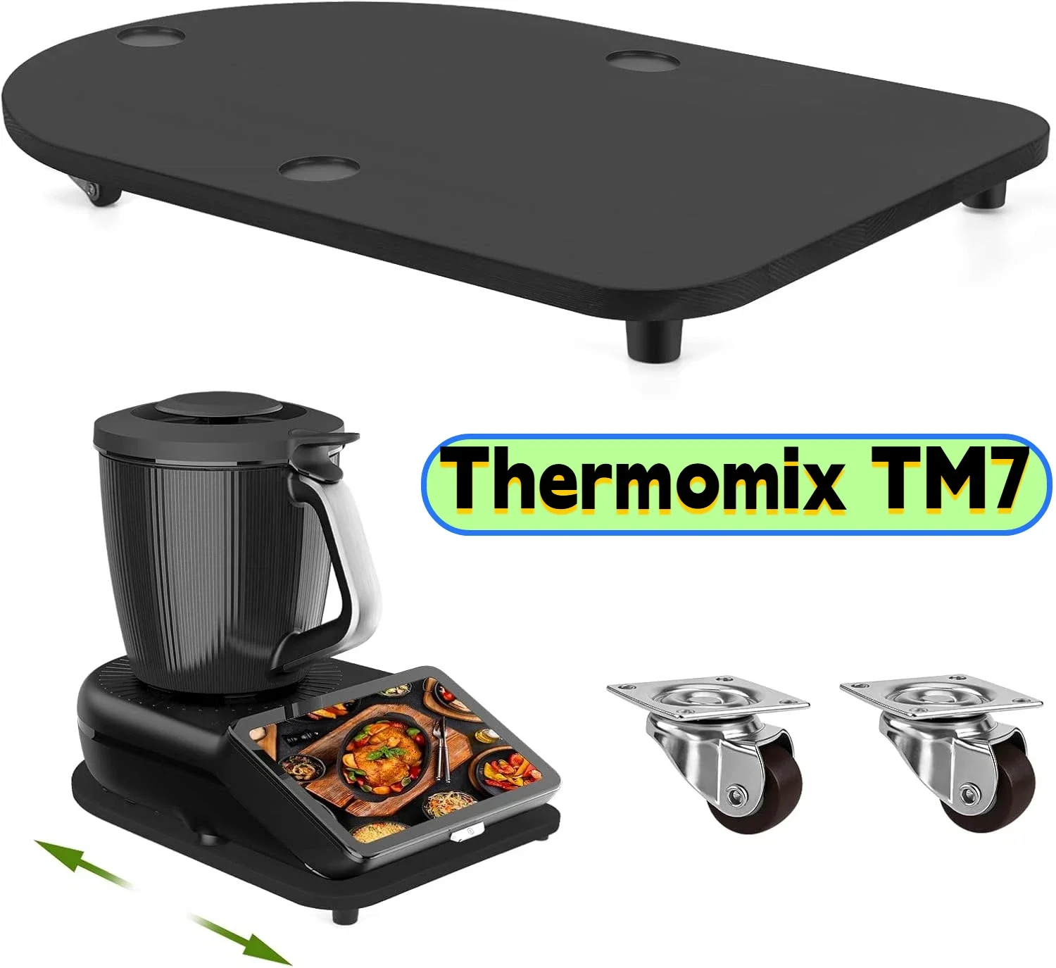 

For Thermomix TM7 countertop roller board with rubber wheels, noise free | Rolling tray accessory with anti slip feet