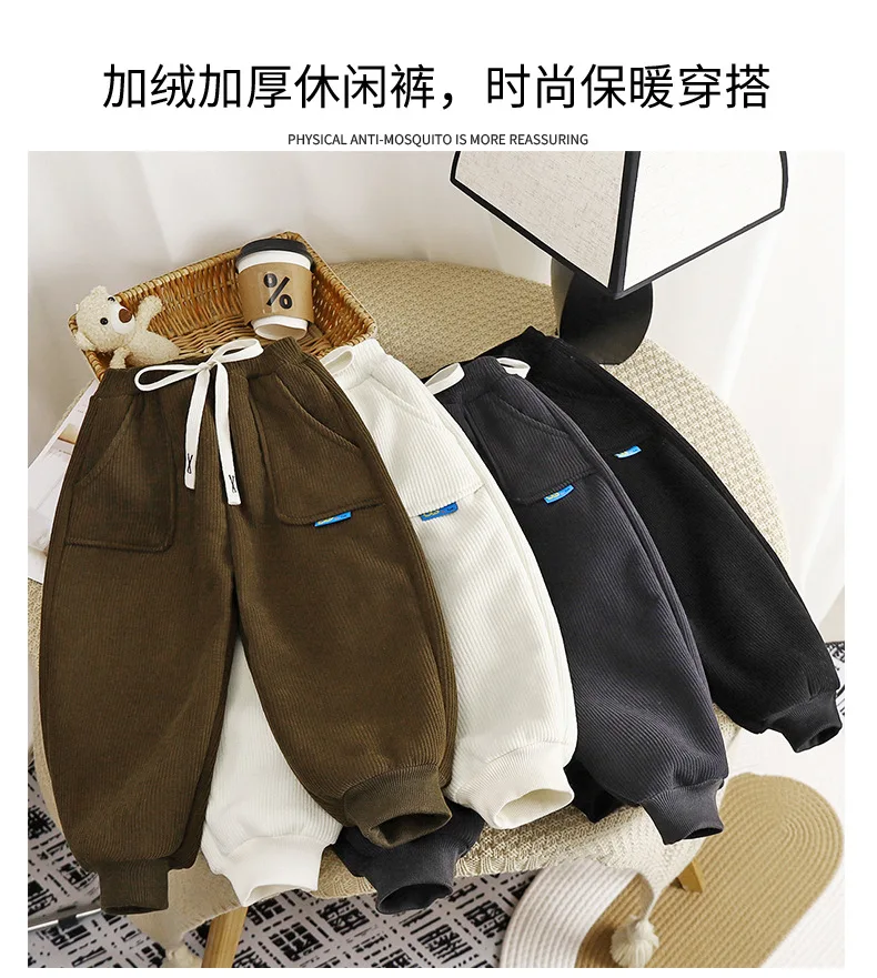 Kinder-Fleece-Hosen mit Kordelzug, verdickte, schmal zulaufende, warme Herbst-Winter-Baumwoll-Fleece-Sweatpants, atmungsaktiv, für Jungen und Mädchen – Detail 5